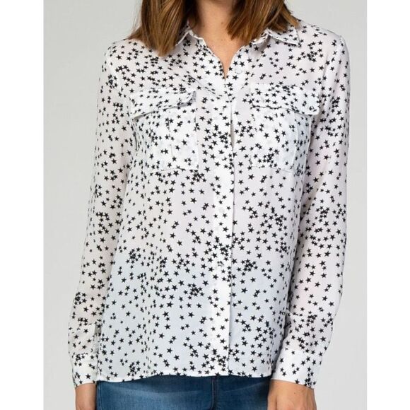 Promesa White & Black Star Button Down Long Sleeve Top Size Large - Picture 1 of 8